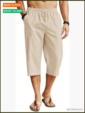 Men's Linen Capri Pants Casual Lightweight Drawstring Waist Beach Yoga Pants